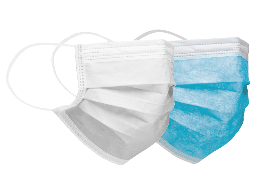 Kirurgisk munnbind IIR hvit med ørestrikk i pakke med hvite og blå masker.