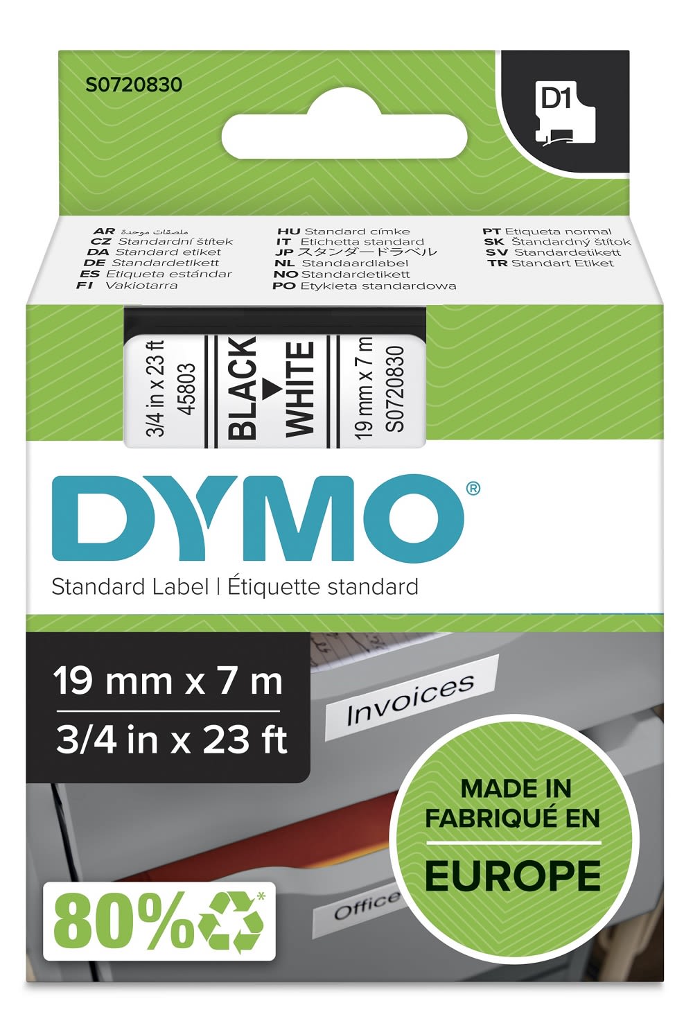Tape Dymo D1 19mm x 7m sort/hvit
