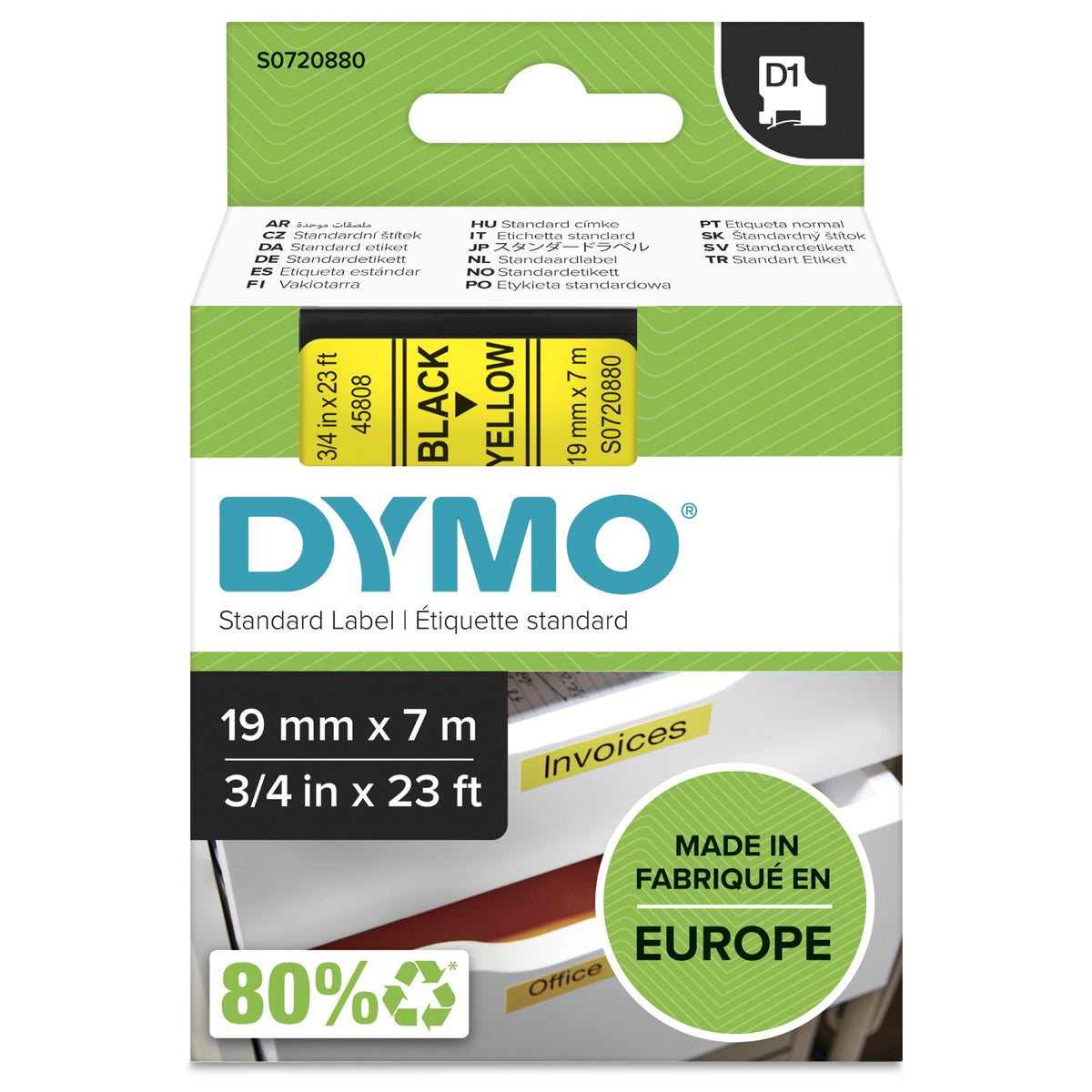 Tape Dymo D1 19mm x 7m sort/gul