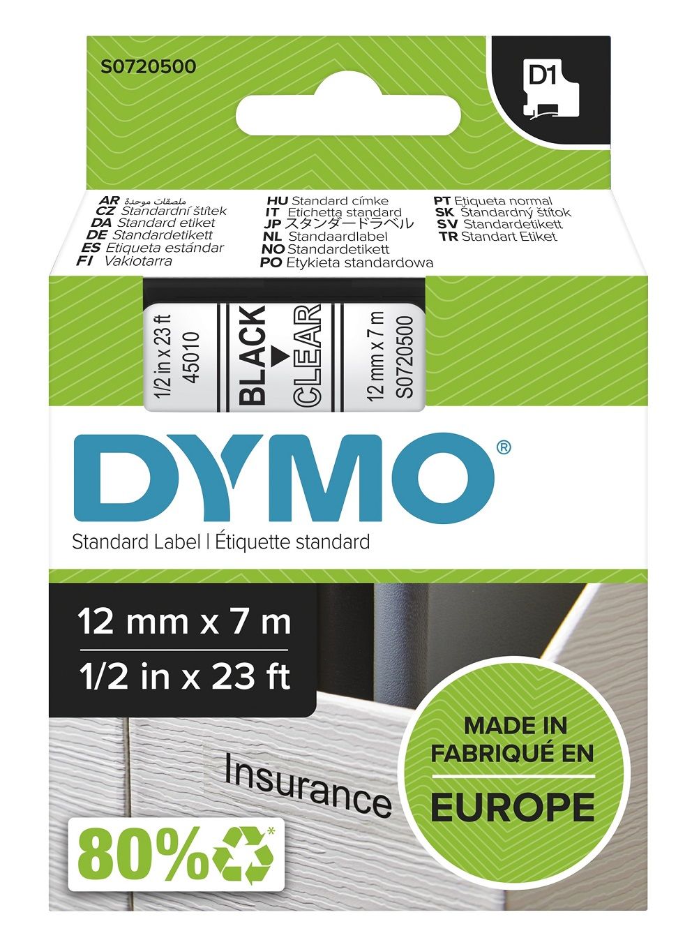 Tape Dymo D1 12mm x 7m sort/klar