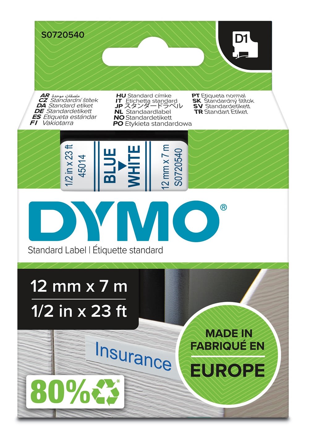 Tape Dymo D1 12mm x 7m blå/hvit