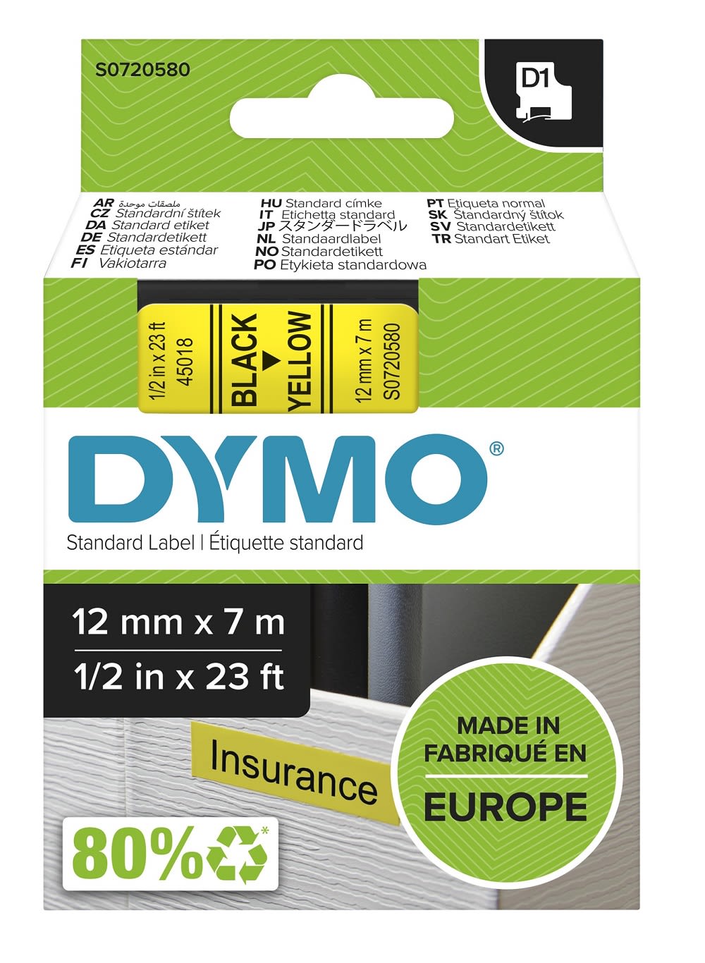 Tape Dymo D1 12mm x 7m sort/gul