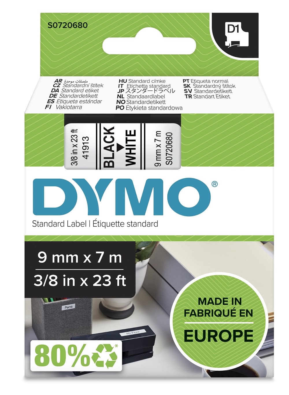 Tape Dymo D1 9mm x 7m sort/hvit