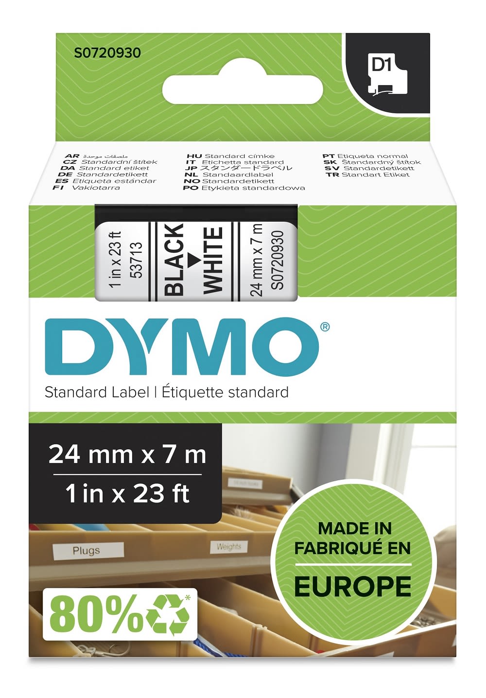Tape Dymo D1 24mm x 7m sort/hvit