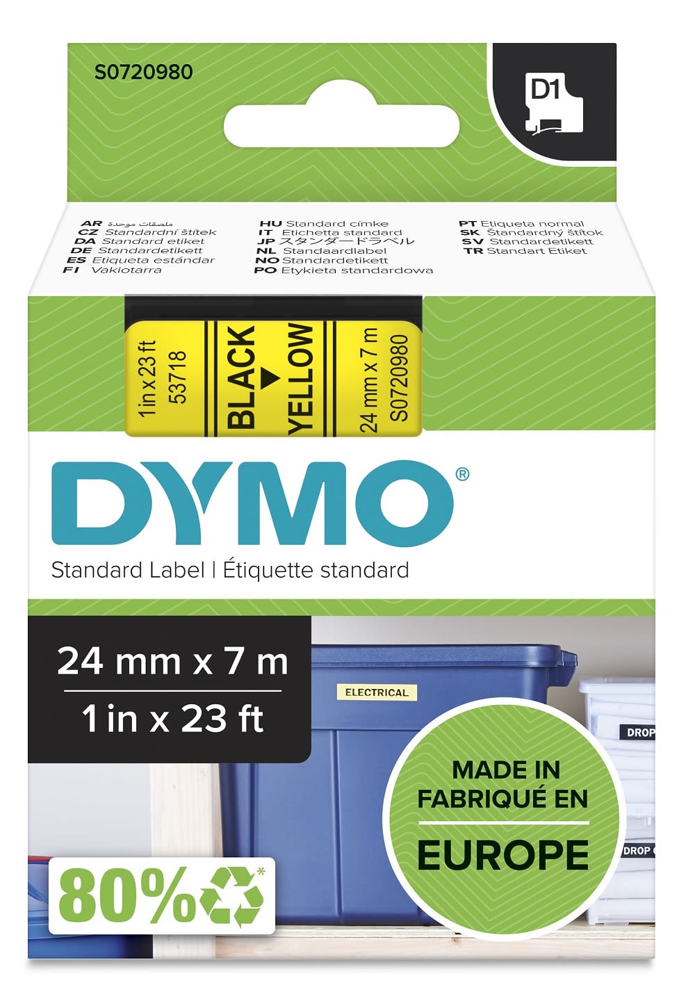 Tape Dymo D1 24mm x 7m sort/gul