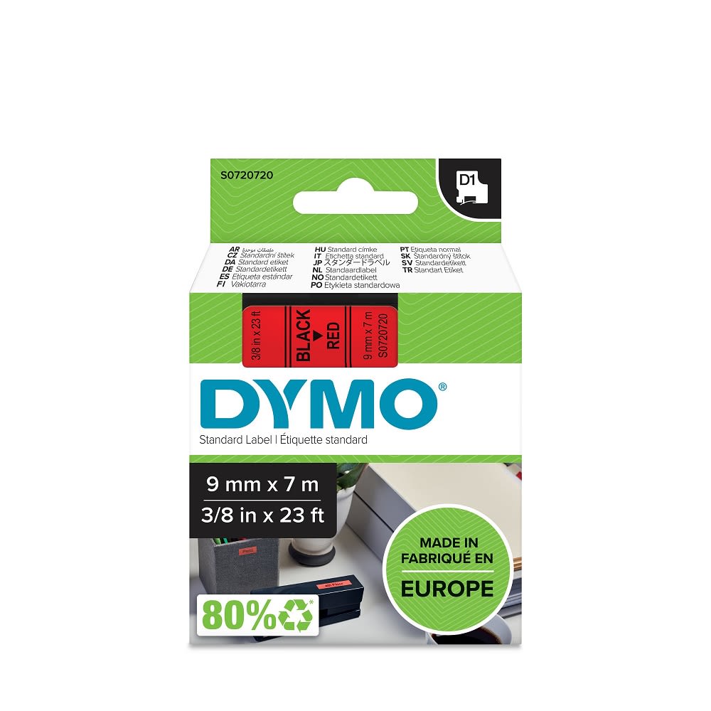 Tape Dymo D1 9mm x 7m sort/rød
