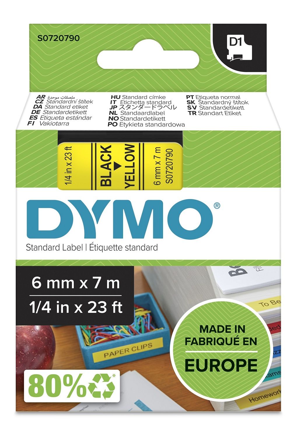 Tape Dymo D1 6mm x 7m sort/gul