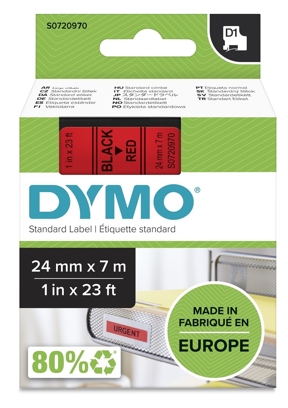 Tape Dymo D1 24mm x 7m sort/rød