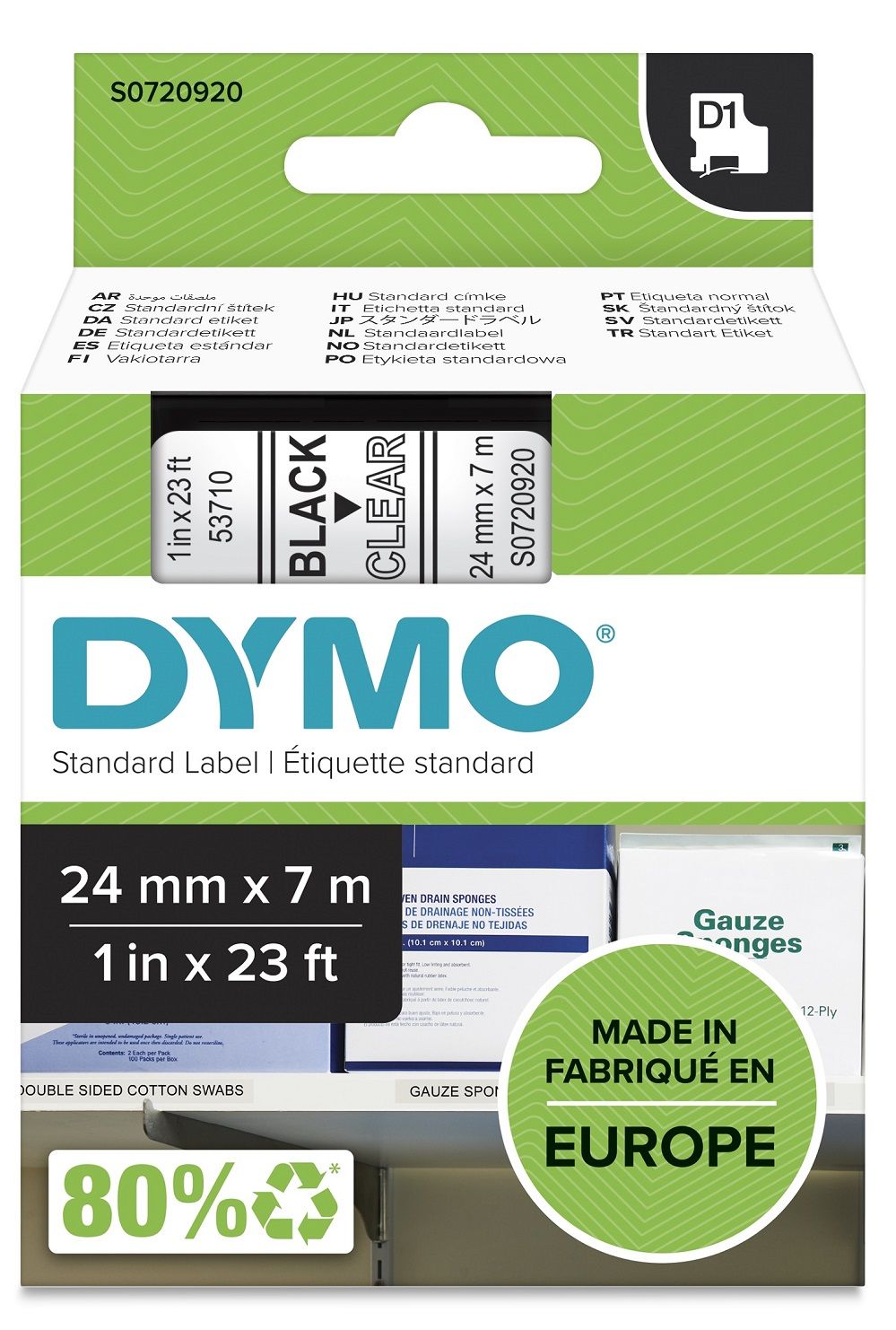 Tape Dymo D1 24mm x 7m sort/klar