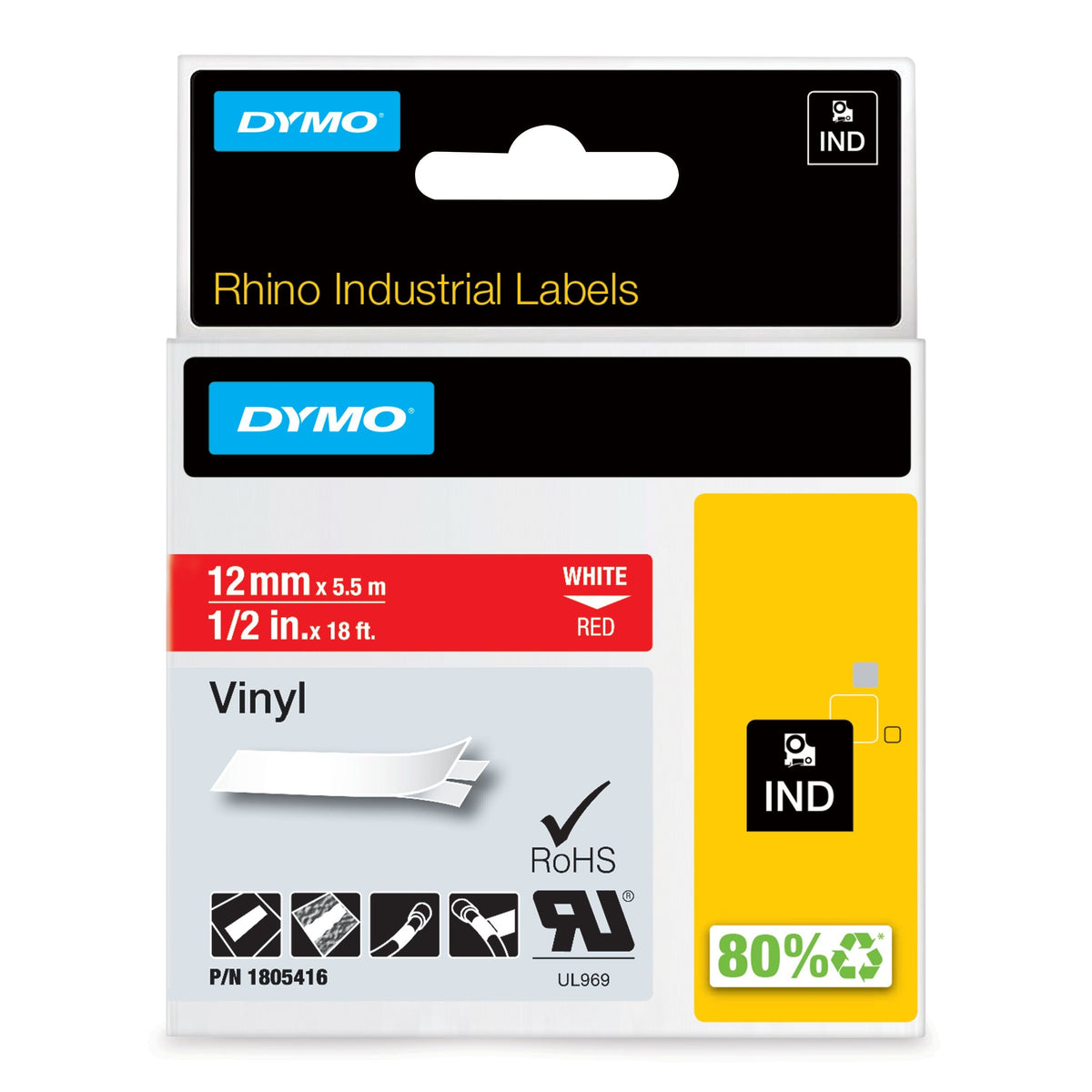 Vinyltape Dymo Rhino 12mm hvit/rød