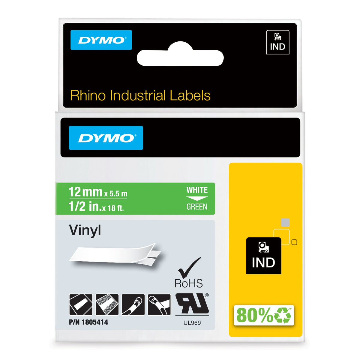 Vinyltape Dymo Rhino 12mm hvit/grøn