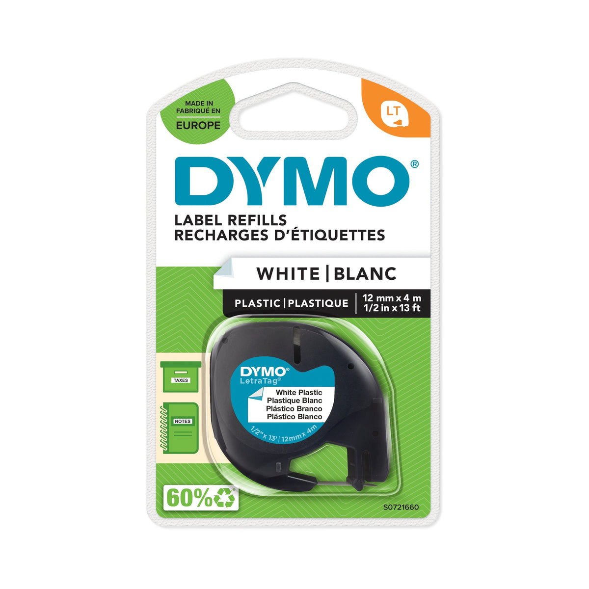 Tape Dymo LetraTag Plast 12mmx4m hvit