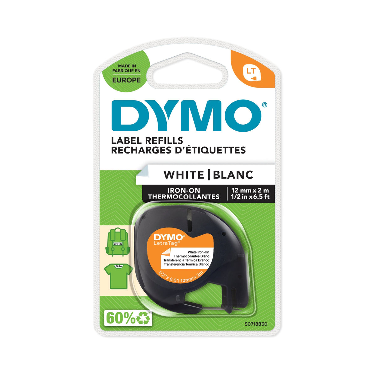 Tape Dymo LetraTag Tekstil 12mmx2m hvit