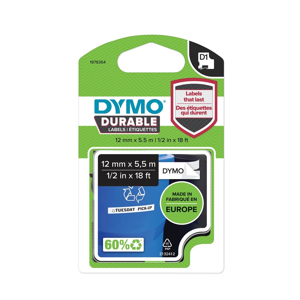 Tape Dymo D1 Durable 12mmx5,5m sort/hvit