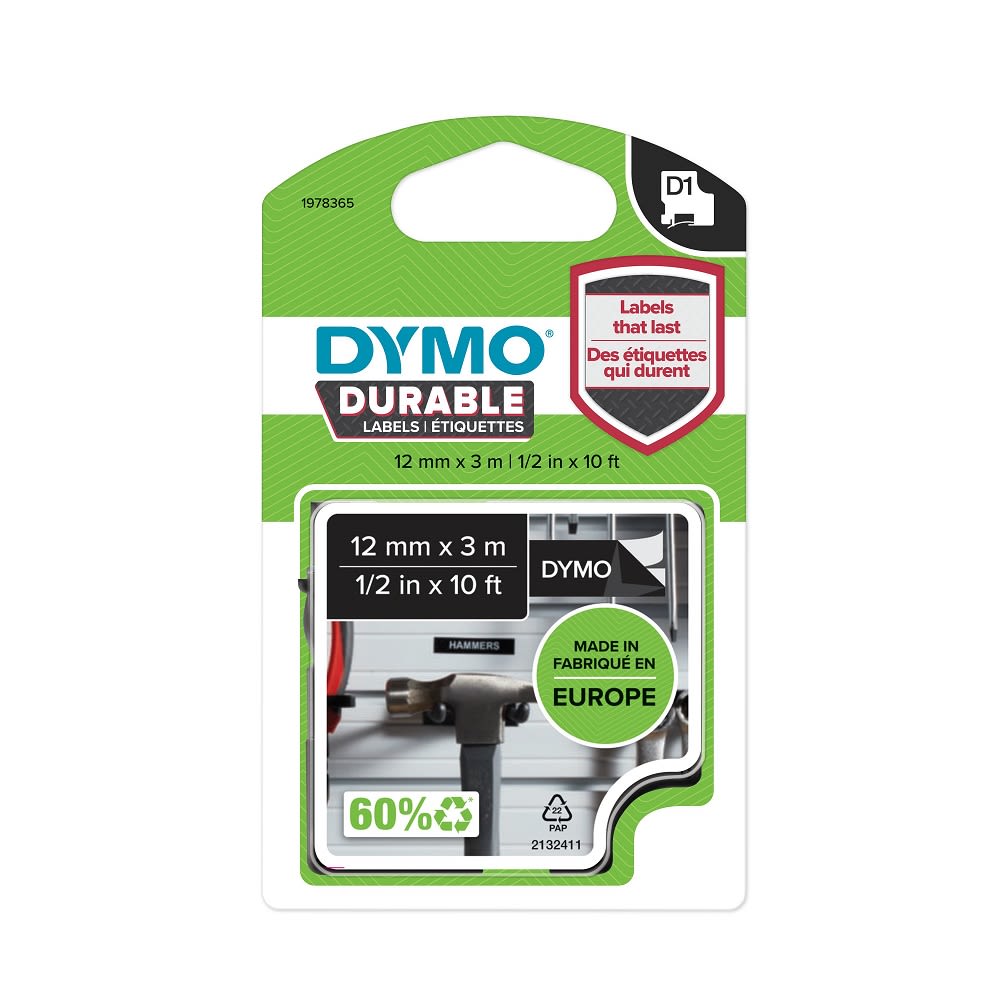 Tape Dymo D1 Durable 12mm x 3m hvit/sort