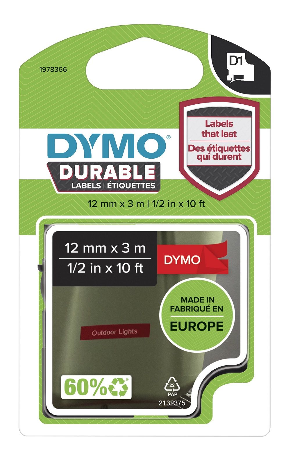 Tape Dymo D1 Durable 12mm x 3m hvit/rød
