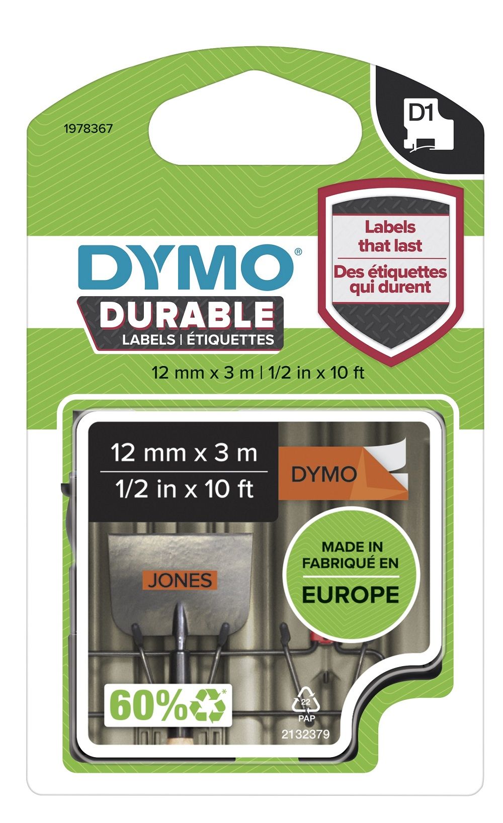 Tape Dymo D1 Durable 12mmx3m sort/oran.