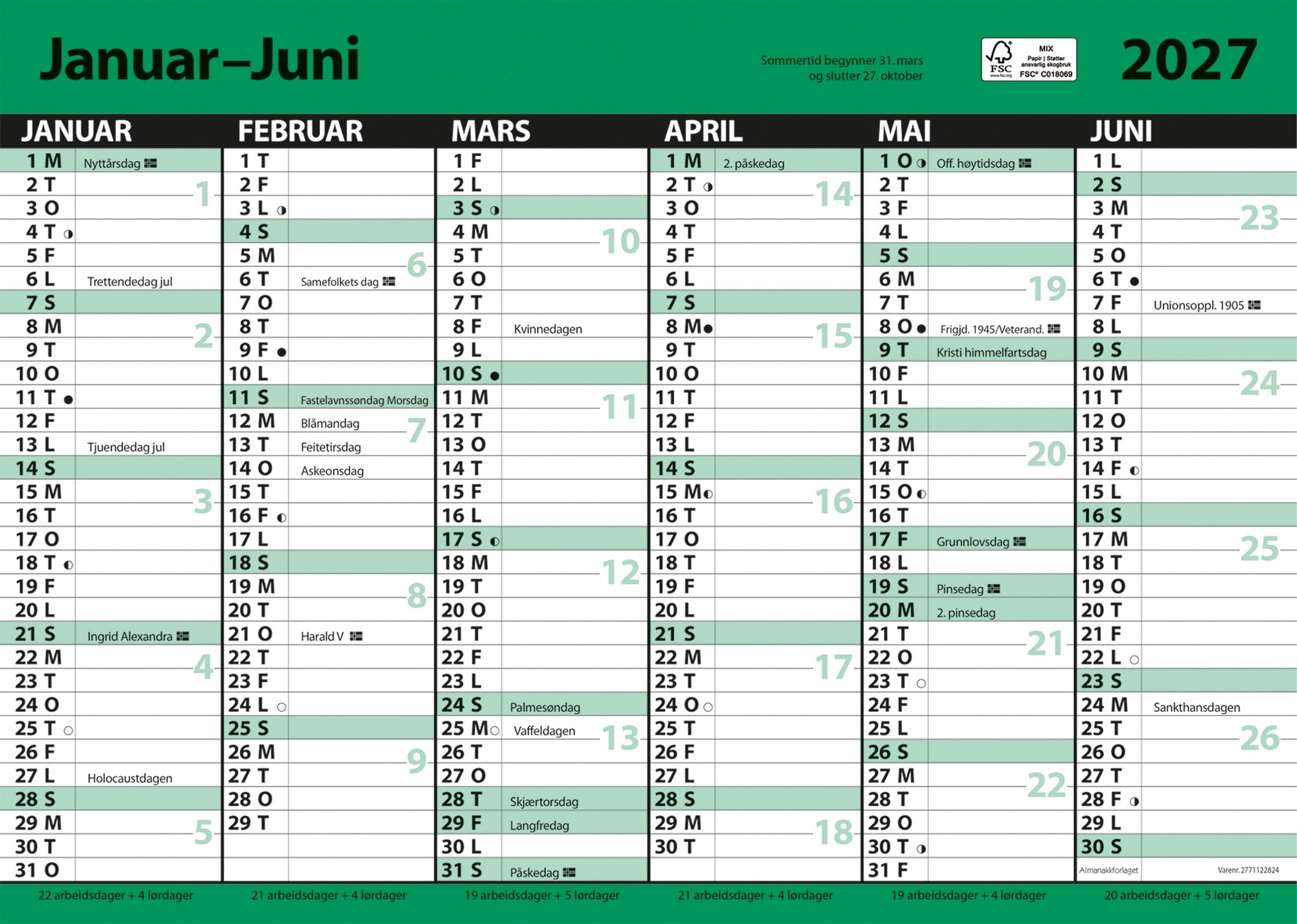 Kontorkalender A3 enkel m.linjer 2026