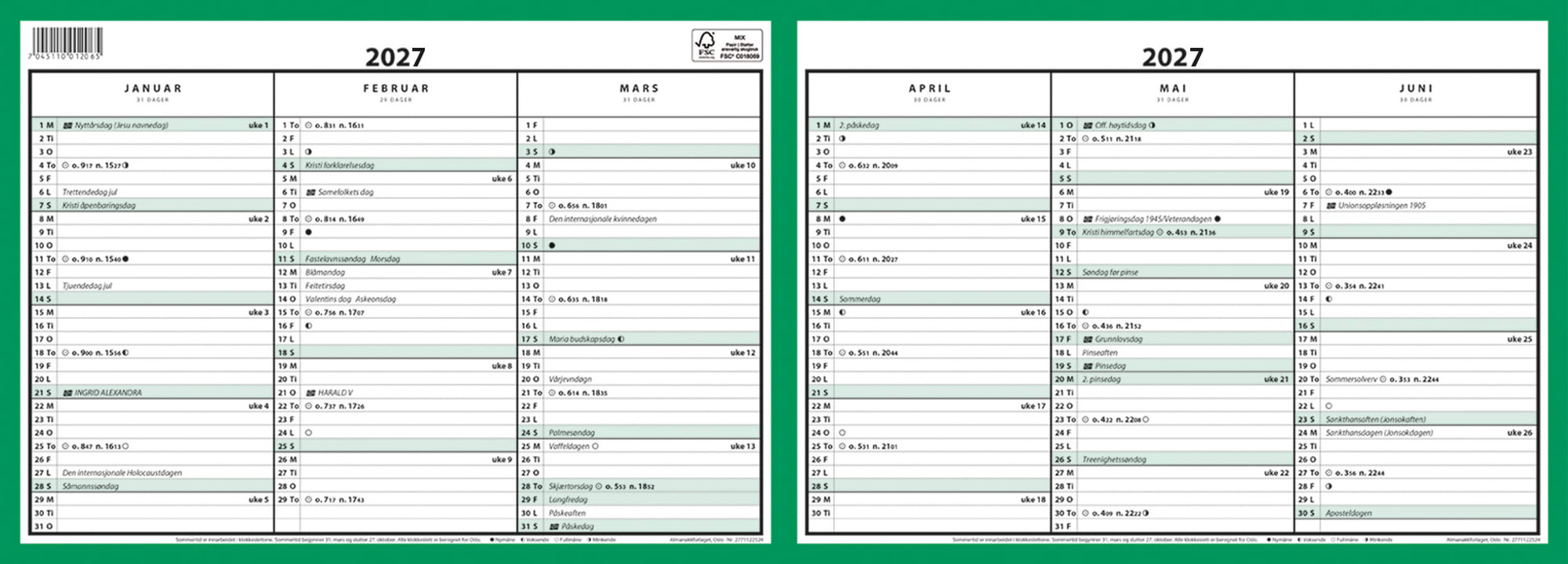 Kontorkalender A4 dobbel 2026