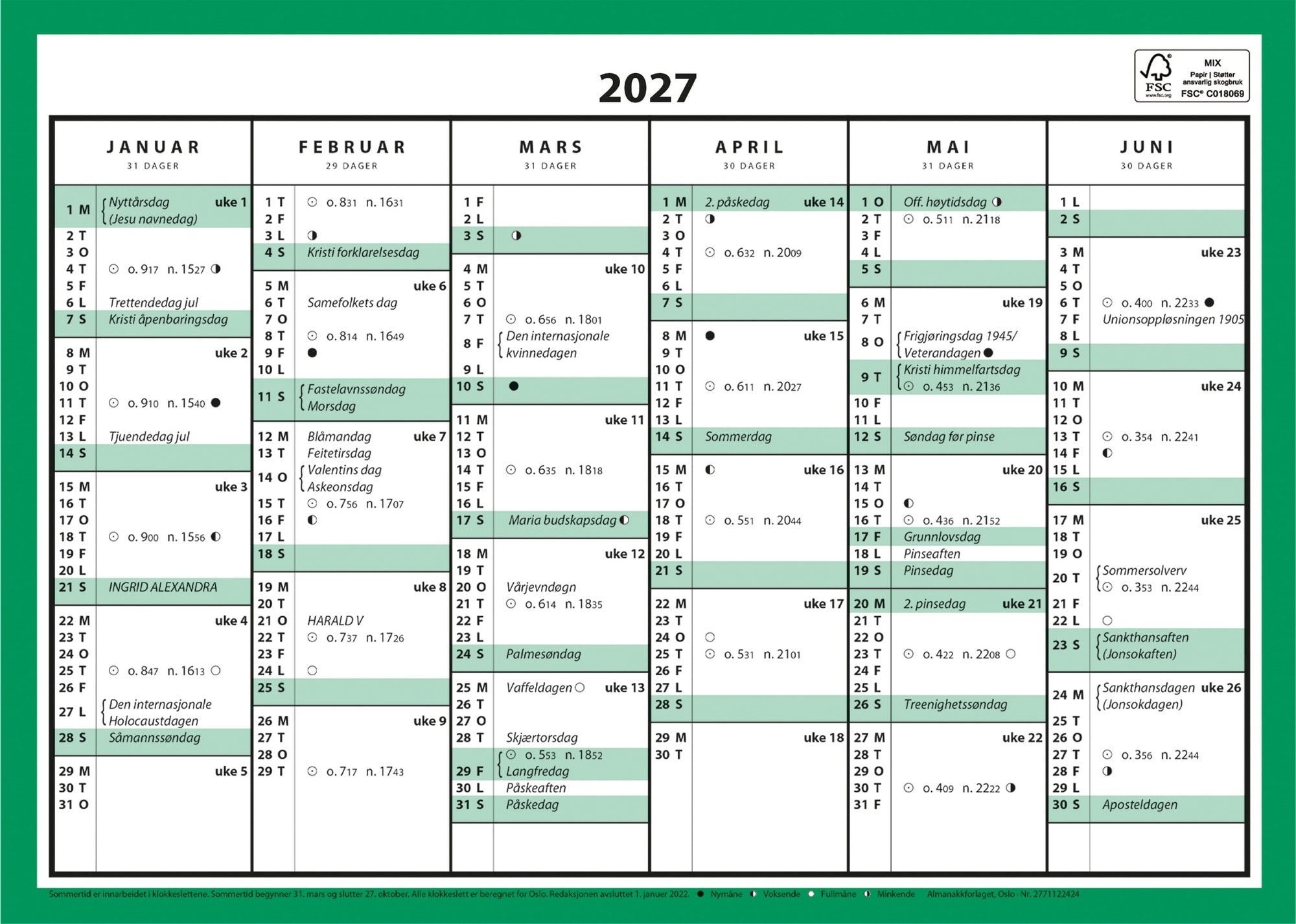 Kontorkalender A4 enkel 2026