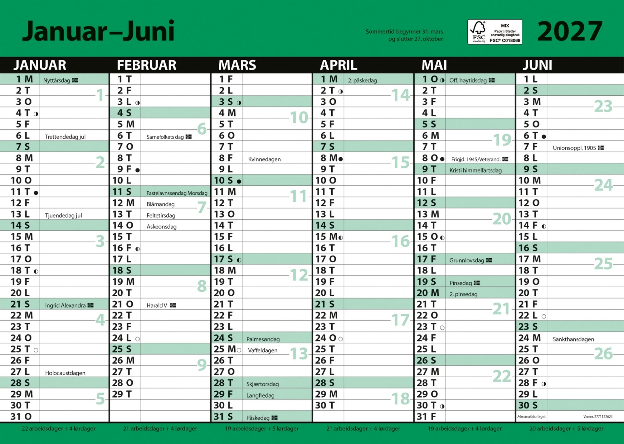 Kontorkalender A4 enkel m.linjer 2026