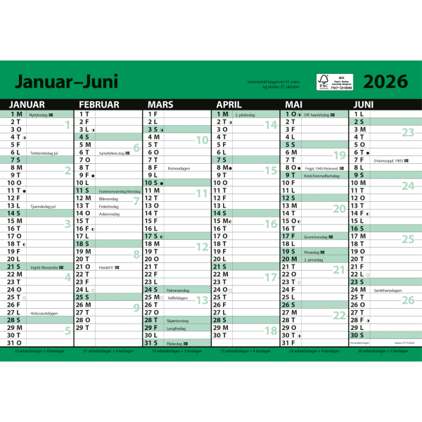 Kontorkalender A4 enkel m.linjer 2026