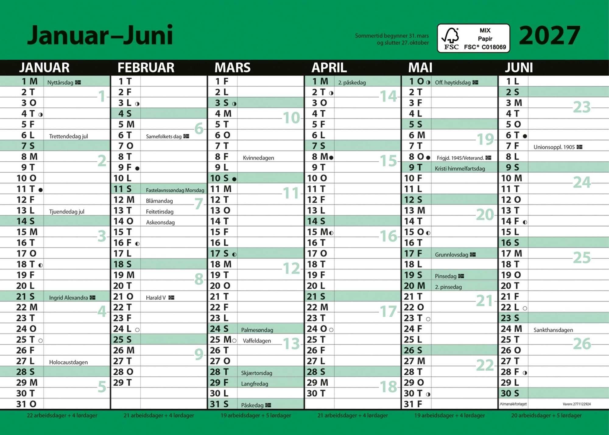Kontorkalender A5 enkel m.linjer 2026