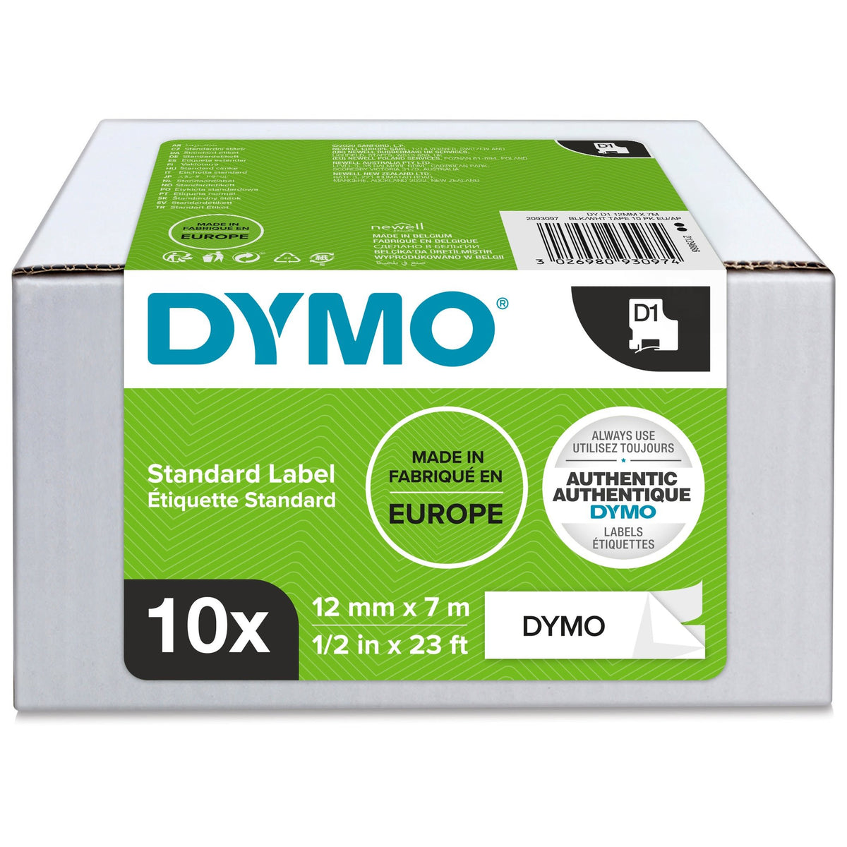 Tape Dymo D1 12mm x 7m sort/hvit økon.