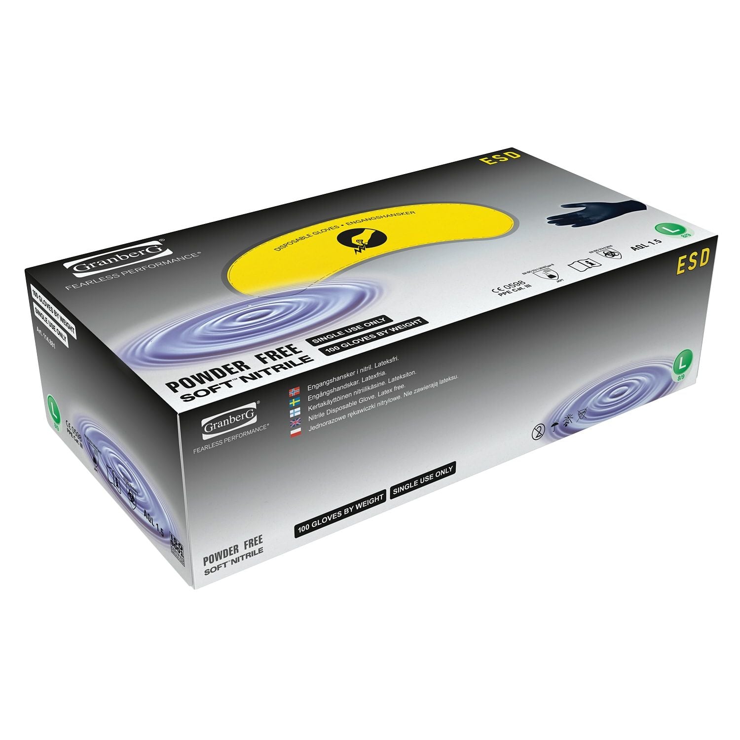 Hanske Nitril PF, ESD, lang sort S