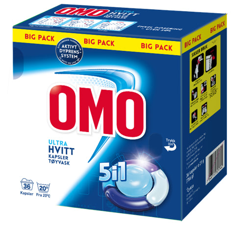 Tøyvask OMO Ultra Hvitt 5i1 (36 stk)