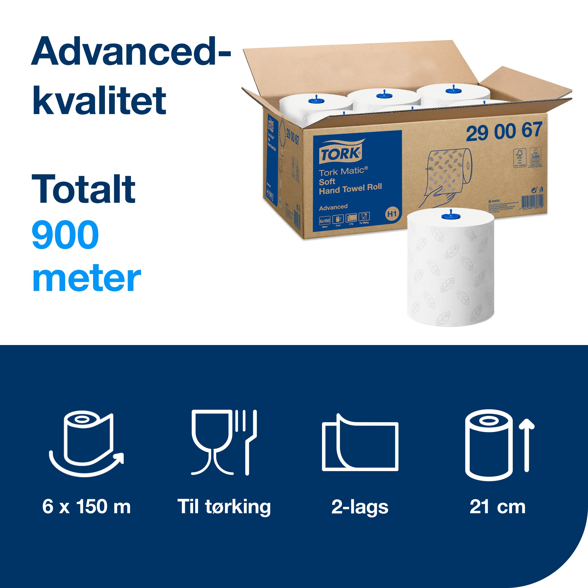 Tørkepapir rull standard hvit H1 tork matic