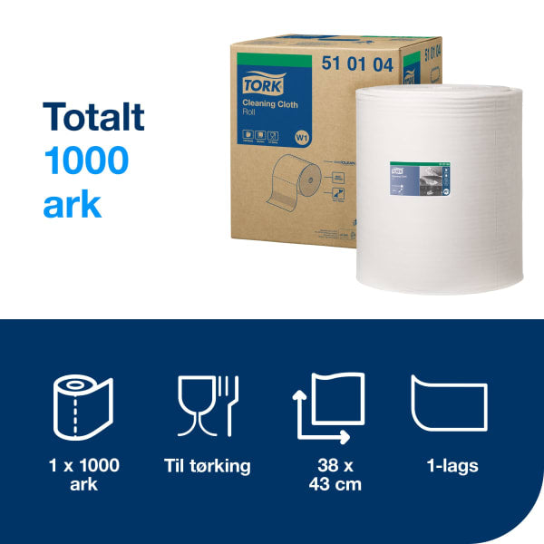 Rengjøringsklut Tork W1 rull hvit