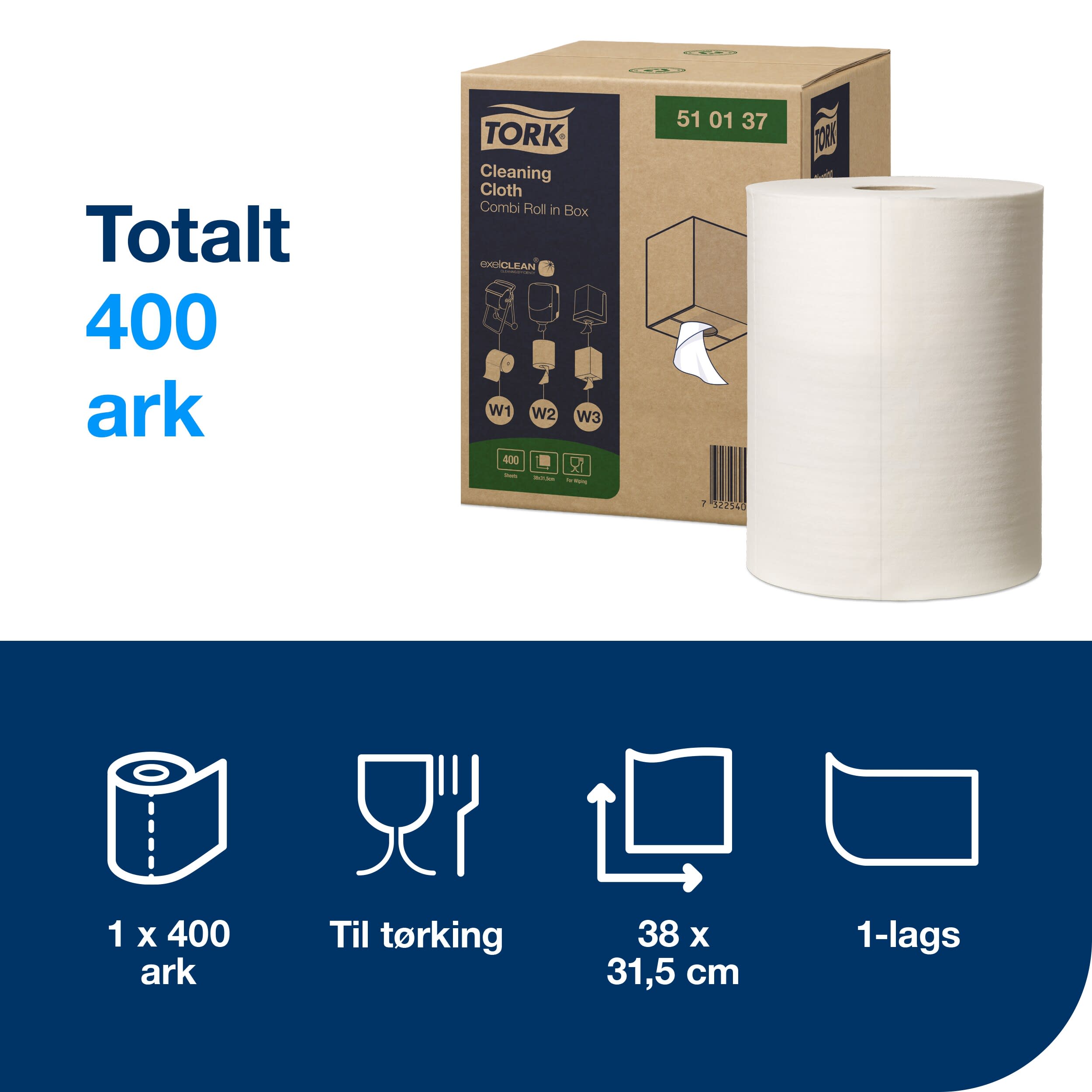 Rengjøringsklut Tork W1-2-3 hvit