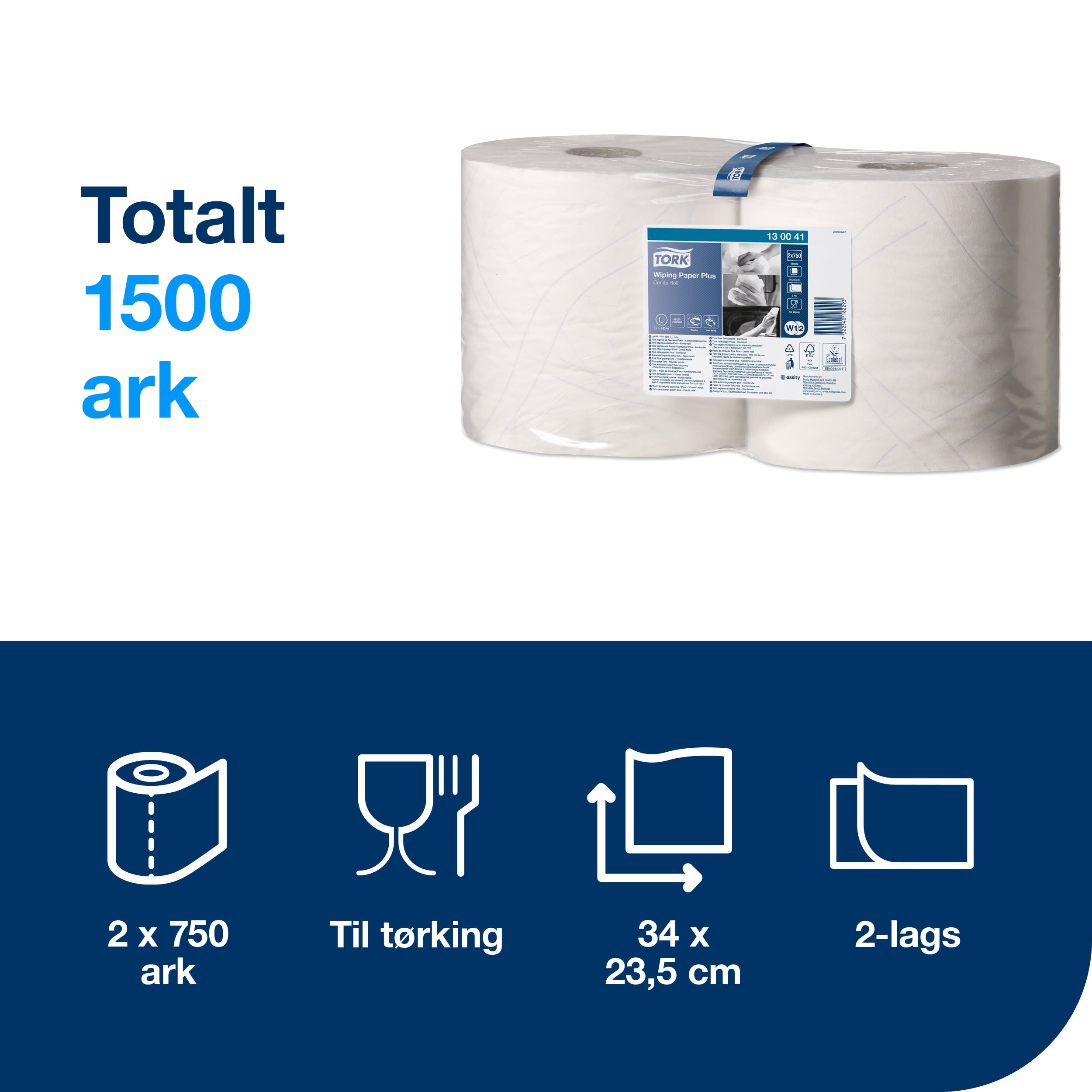 Tørkerull Tork W1-2 Plus hvit 255m 2l
